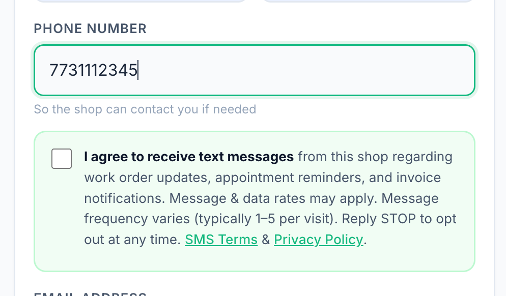 Smart Check-In SMS consent checkbox — unchecked by default, with explicit opt-in language